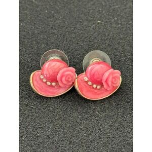 Vintage Pink Enamel Hat Earrings Gold Accents Rose & Rhinestones Pierced Ears